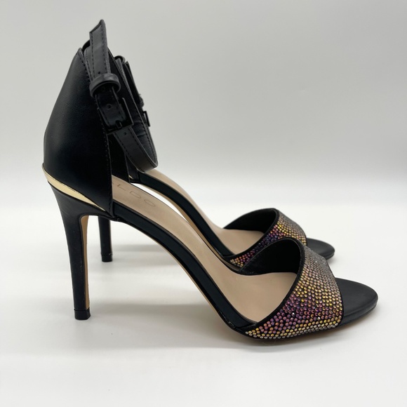 Aldo Women’s Black Ankle Strap Heels Size 6.5M Rhinestone Open Toe Stiletto Sa - Picture 2 of 13